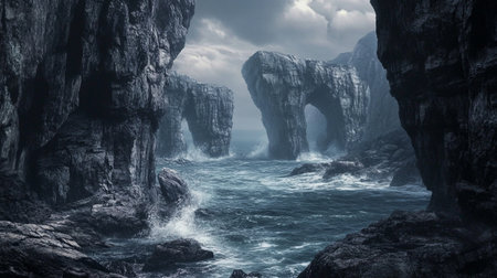 Beautiful seascape with cliffs and sea. 3d renderingの写真素材
