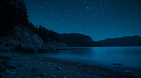 Starry sky over the lake at night. Long exposure photography.の写真素材