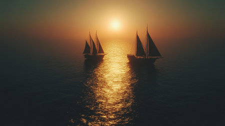 Sailing boats on the sea at sunset. 3d render illustrationの写真素材