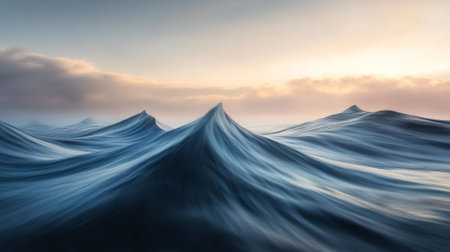 A blue ocean wave with a cloudy sky backgroundの写真素材