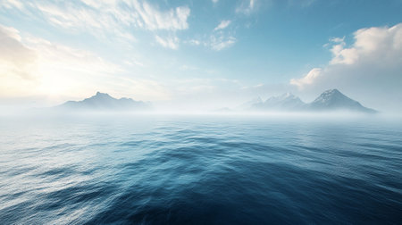 Seascape with mountains in the fog. Panoramic viewの写真素材