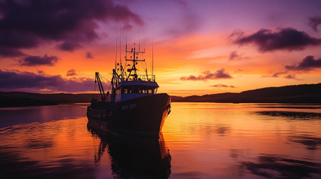 Fishing boat in the sea at sunset. Fishing boat at sunset.の素材