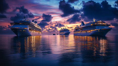 Cruise ship in the sea at sunset. Colorful sky.の写真素材