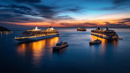 Cruise ships in the sea at sunset, view from above.の写真素材