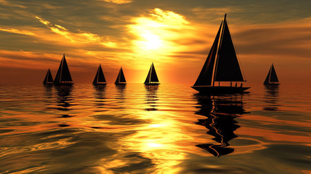 Sailing boats in the water at sunset. 3D render.の写真素材