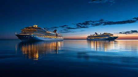 Cruise ship in the sea at sunset. 3d rendering.の写真素材