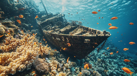 Underwater view of the wreck of a shipwreck on a tropical coral reefの素材