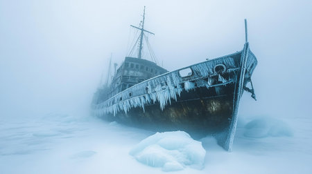 Beautiful winter landscape with shipwreck on the frozen Baltic Sea coast.の写真素材