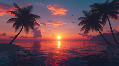 3D render of a beautiful sunset over the sea with palm treesの写真素材