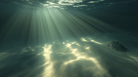 underwater scene with sunrays shining through the water surface and rockの写真素材