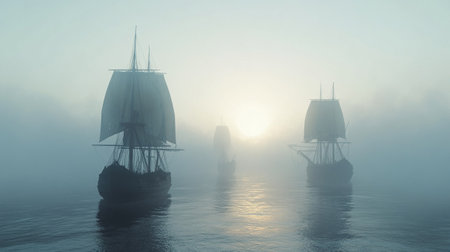 Sailing ships in a foggy morning. 3d render.の写真素材