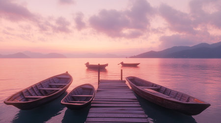 Wooden pier and boats on the lake at sunrise in the morningの写真素材