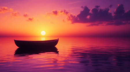 Beautiful sunset over the sea and a boat. 3d renderingの写真素材