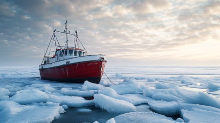 Fishing boat on the ice of the frozen sea at sunset.の写真素材