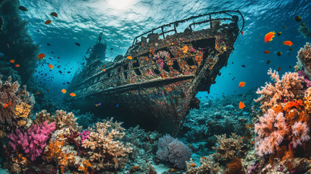 Underwater view of the wreck of a shipwreck in the Red Sea.の写真素材
