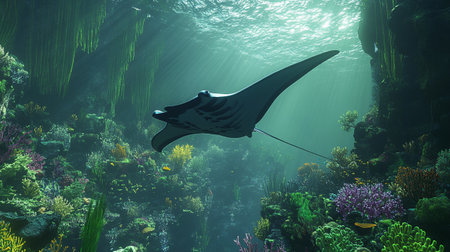 Manta ray in the ocean. 3d render. Underwater world.の写真素材