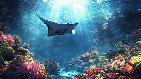 Manta ray swimming over coral reef. 3D Rendering.の写真素材