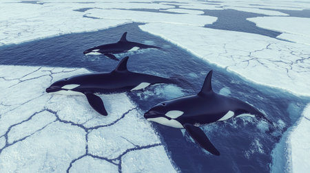 Killer whales on ice floe, 3d render, horizontalの写真素材