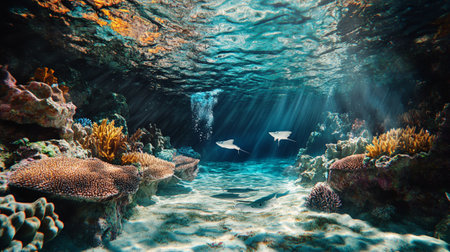 Underwater view of the coral reef with fishes and rays of lightの写真素材