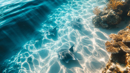 Picture shows a stingray at the bottom of a tropical coral reefの写真素材