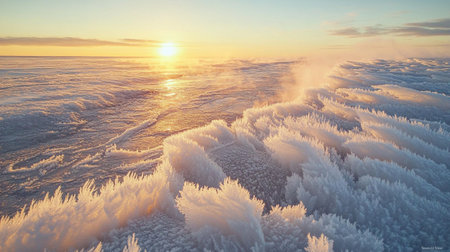 Frozen lake at sunrise. Beautiful winter landscape with frozen lake.の写真素材