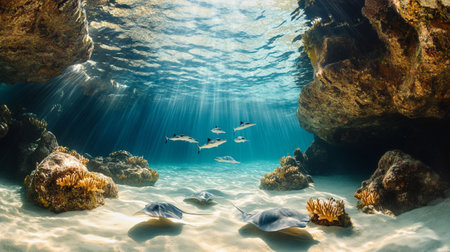 Underwater view of coral reef with fish and rays of light.の写真素材