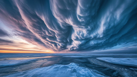 Baltic sea at sunset. Dramatic sky, glowing clouds. Idyllic seascape. Nature, environment, climate changeの写真素材