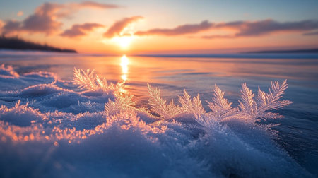 Beautiful winter landscape with snowflakes on the frozen lake at sunsetの写真素材