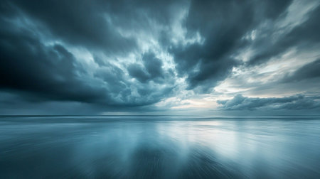 Long exposure seascape. Dramatic sky with dark clouds over Baltic sea.の写真素材