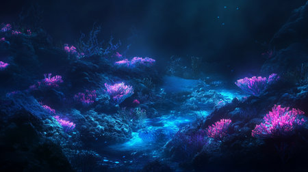 Underwater scene with corals and neon lights. 3D renderingの写真素材