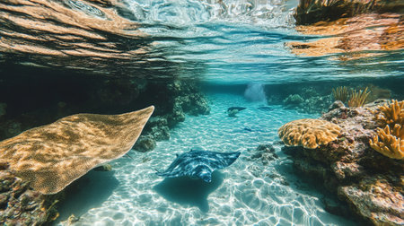 Underwater view of a stingray swimming in a tropical coral reefの写真素材