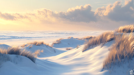 Winter landscape with dunes and snow at sunset. 3d renderの写真素材