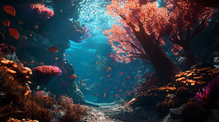 Underwater view of coral reef with tropical fish and corals.の写真素材