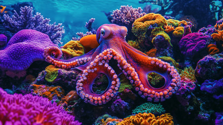 Octopus on colorful coral reef in the Red Sea, Egypt.の写真素材