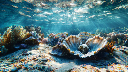 Underwater view of a tropical coral reef with hard corals and sea shellsの写真素材