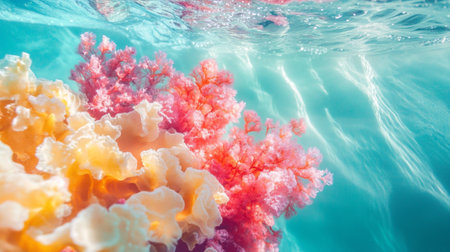 Colorful coral reef and blue sea water. Underwater background.の写真素材