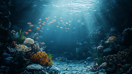 Underwater view of coral reef with fishes and corals under sunlightの写真素材
