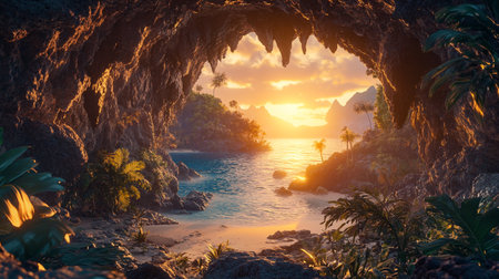 Beautiful view from the cave to the sea at sunsetの素材