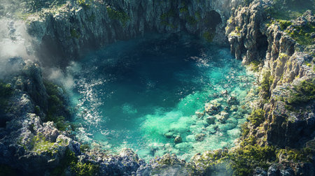 Aerial view of beautiful seascape with turquoise water and blue caves.の写真素材