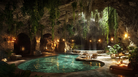 Interior of a cave with swimming pool at night. 3d renderingの写真素材