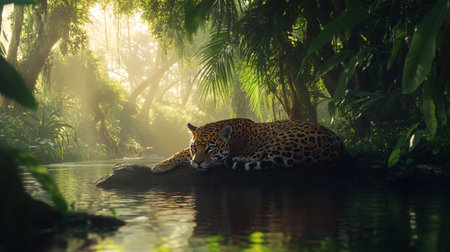 Jaguar lying on the bank of a river in the jungleの写真素材