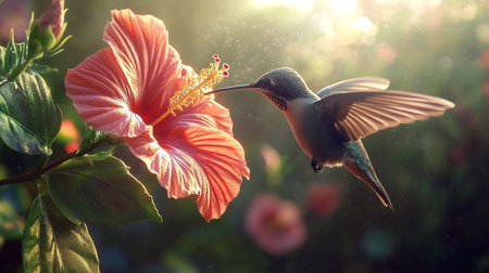 Hummingbird flying next to pink hibiscus flower.の写真素材