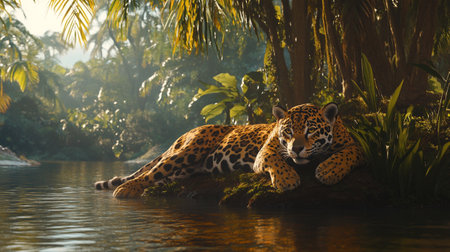 Jaguar resting on a rock in the river at sunset.の写真素材