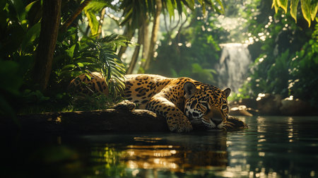 Jaguar lying on the log in the jungle. Wild animalの写真素材