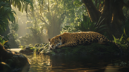 Jaguar resting on a rock in a pond in the jungleの写真素材