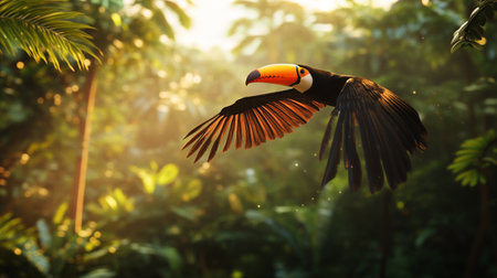 Toucan bird flying in the tropical forest. Wildlife scene from nature.の写真素材