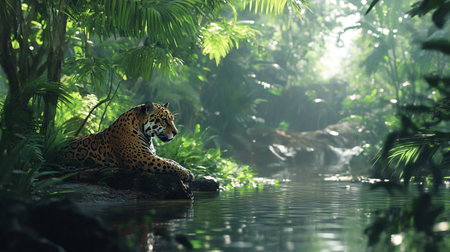 Jaguar in the jungle. Wildlife scene from tropics.の写真素材