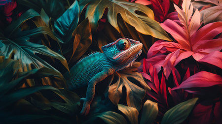 Blue chameleon among tropical leaves.の写真素材