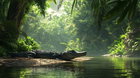 Crocodile in the Amazon rainforest. 3d renderの写真素材