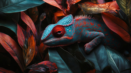 Chameleon among tropical leaves, 3d rendering. Computer digital drawing.の写真素材